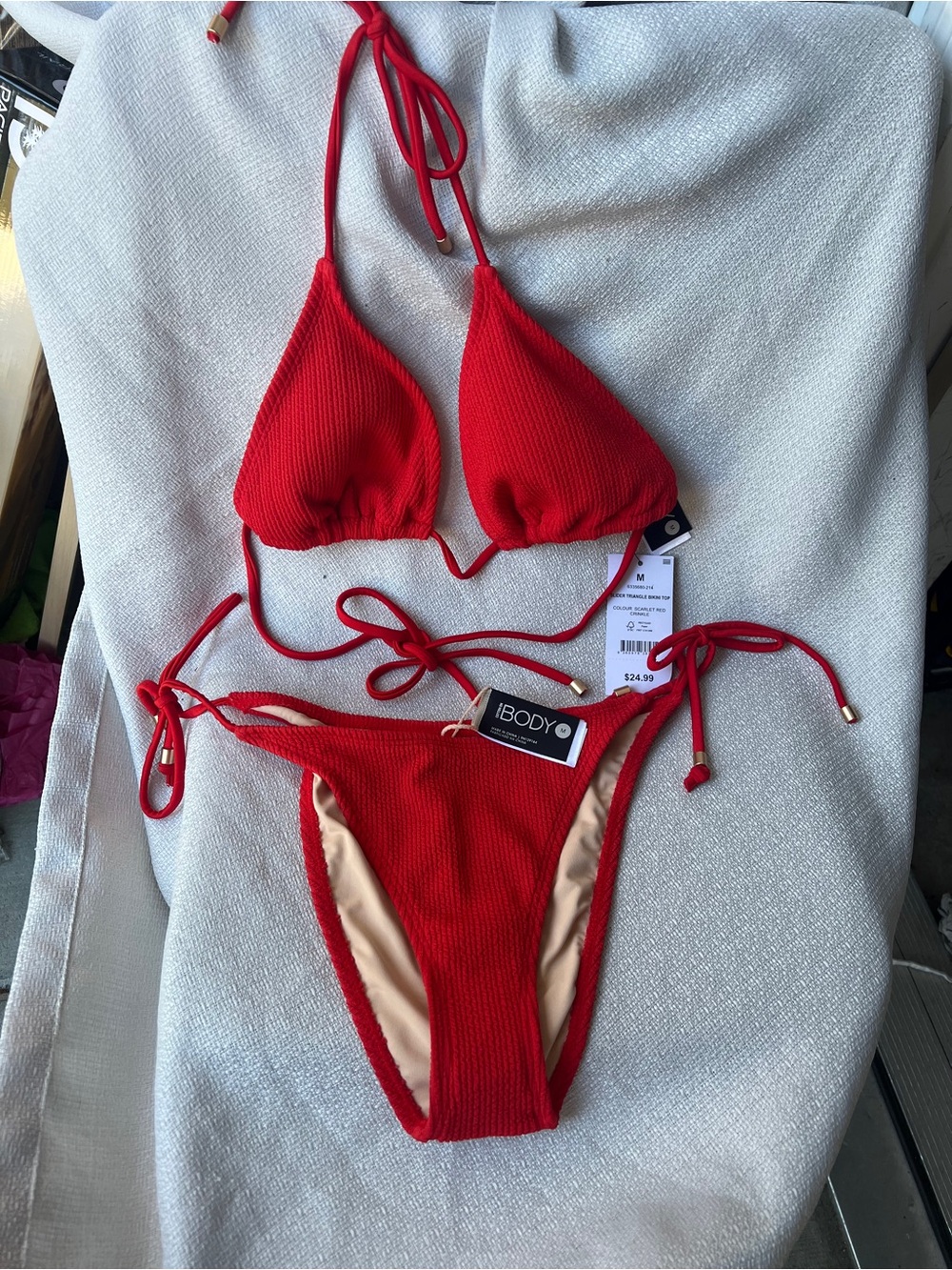 iBODY Red Ribbed Tie-Side Bikini Bottom